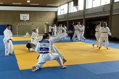 Einige Judoka beim Training in einer Sporthalle.