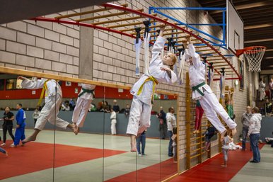 Zwei junge Judoka hangeln sich an einer Leiter durch eine Sporthalle.