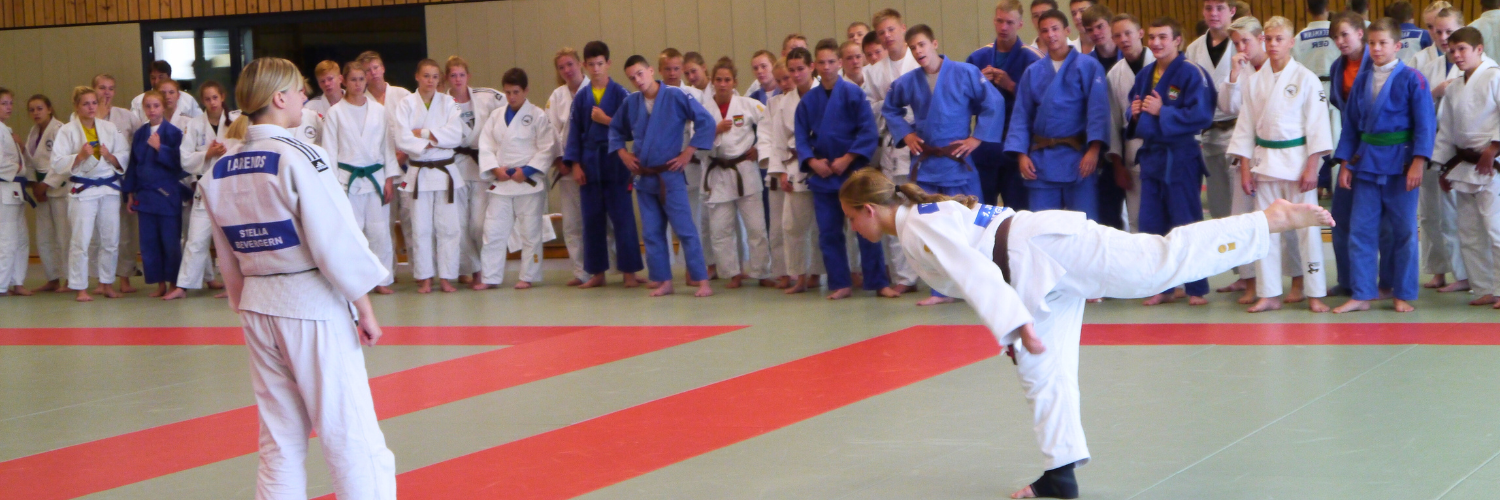 Zwei Judoka zeigen Bewegungsablaeufe. Umstehende Judoka beobachten sie.