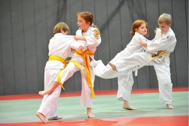 Junge Judoka beim Trainingskampf.