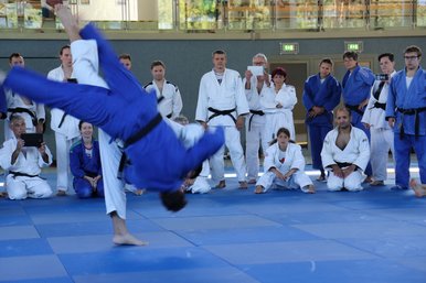 Maennliche Judokas beim Training.